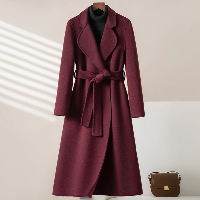 安克拉紫双面羊绒大衣女长款2025新款修身显瘦西装领羊毛呢外套