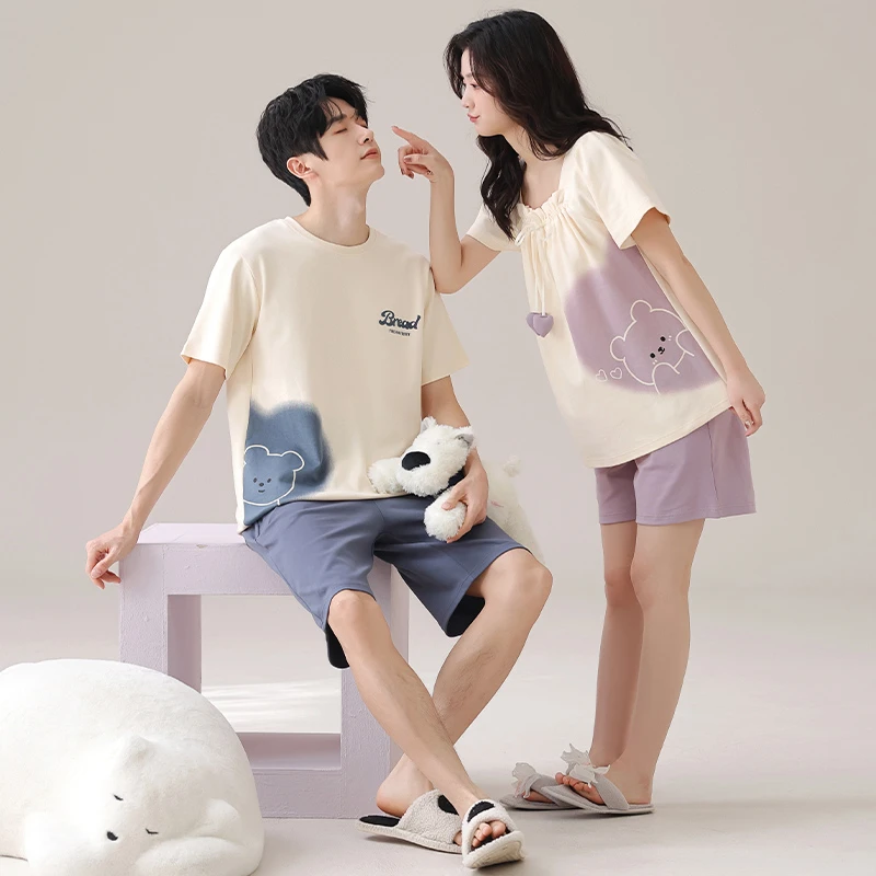 2套价 情侣睡衣夏季纯棉短袖短裤套装可爱卡通甜美夏天全棉家居服