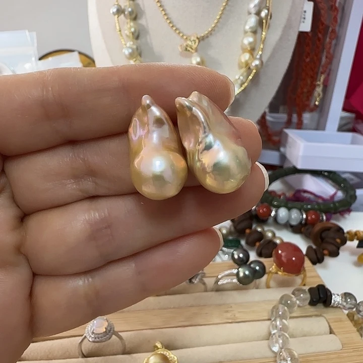 街***园淡水珍珠耳饰银S925镶嵌23左右极光炫彩大巴有纹