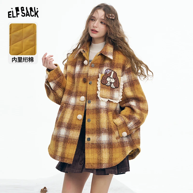 妖精的口袋中长款格纹宽松毛呢外套加绒秋冬洋气加厚外套25404021