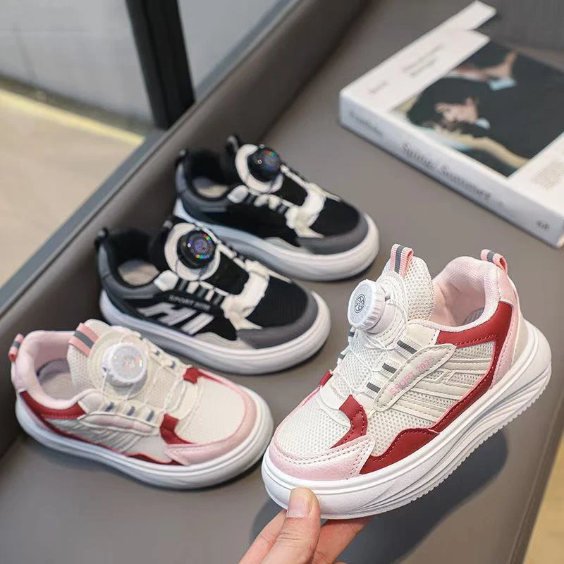 女童运动鞋新款透气儿童网鞋旋转纽扣休闲鞋男童网面板鞋