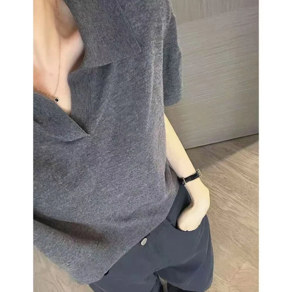 丽丽家~鸡心领灰短袖显瘦气质洋气短款百搭夏季v领上衣481