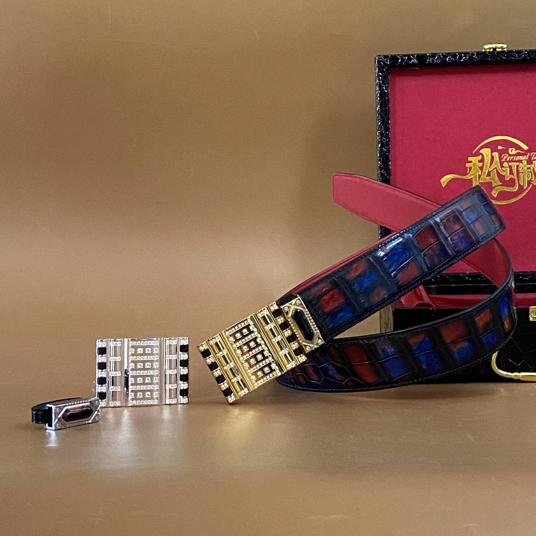 铭哥家高端鳄鱼皮美洲鳄手工擦色男士腰带红蓝