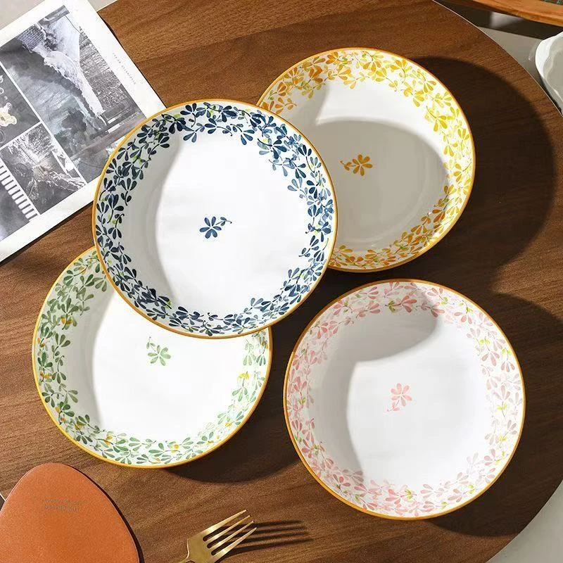 四季繁花 四个装7英寸圆盘深盘釉下彩家用陶瓷餐具套装（17.8cm）