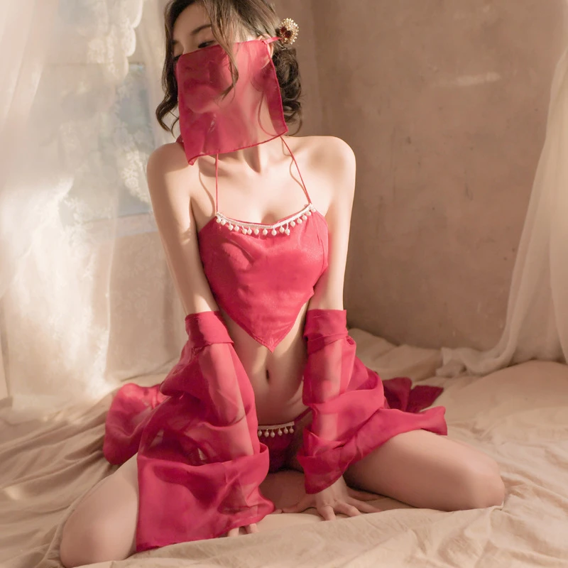 睡衣套装居家新中式古风吊袋外袍透感小心机纯色结婚薄款红色女士