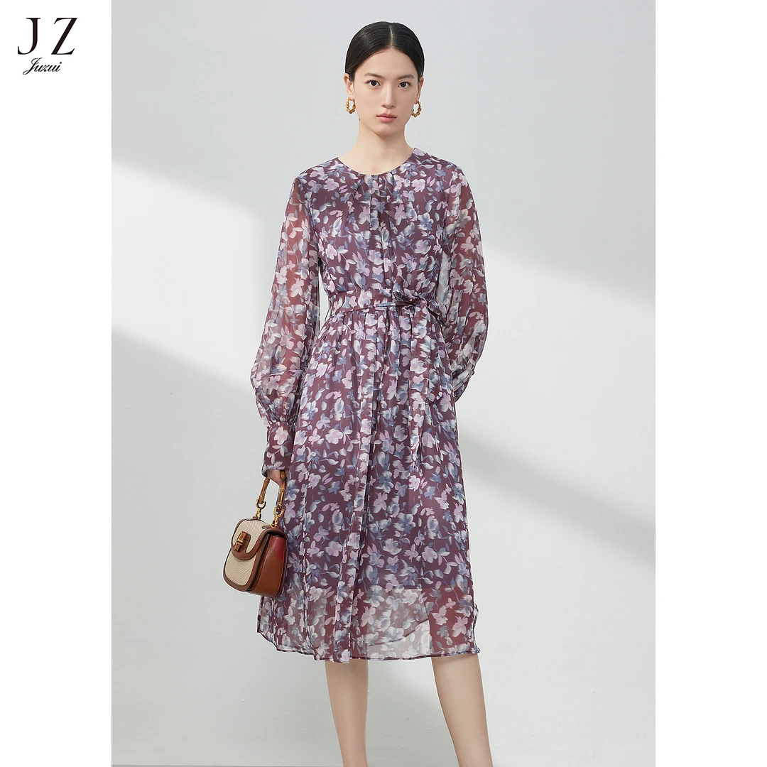 【小余专属】JZ玖姿JTDC50039花卉连衣裙春季雪纺裙子酒红色衣服
