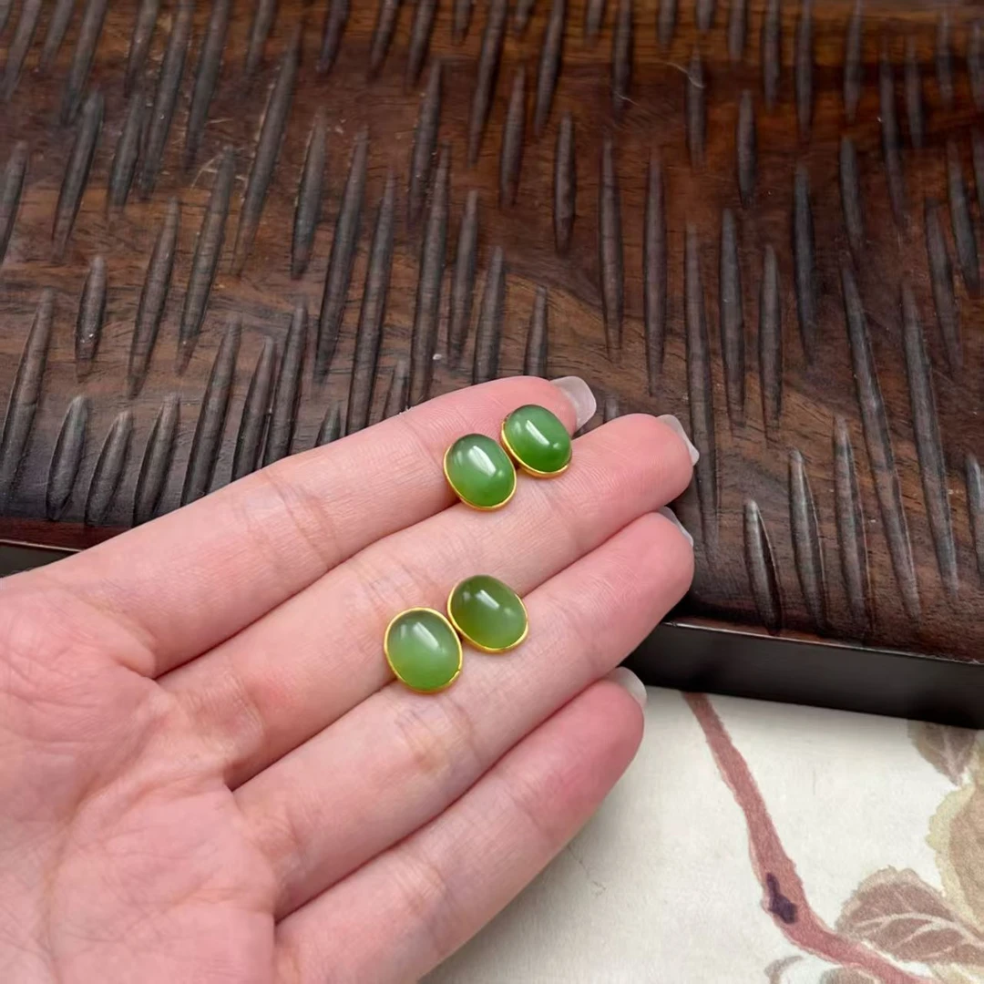 【北野珠宝】天然和田玉猫眼耳钉-B192H-9多样性发一10×8mm