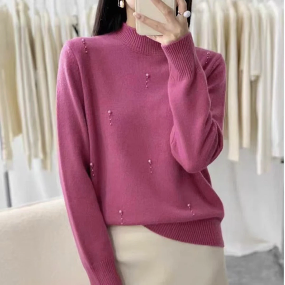 25953 顶珠时尚气质百搭半领毛衣上衣