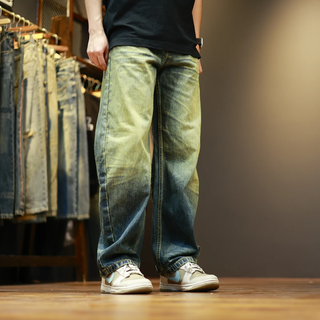 9105水洗宽松复古做旧百搭潮流休闲弯刀牛仔裤