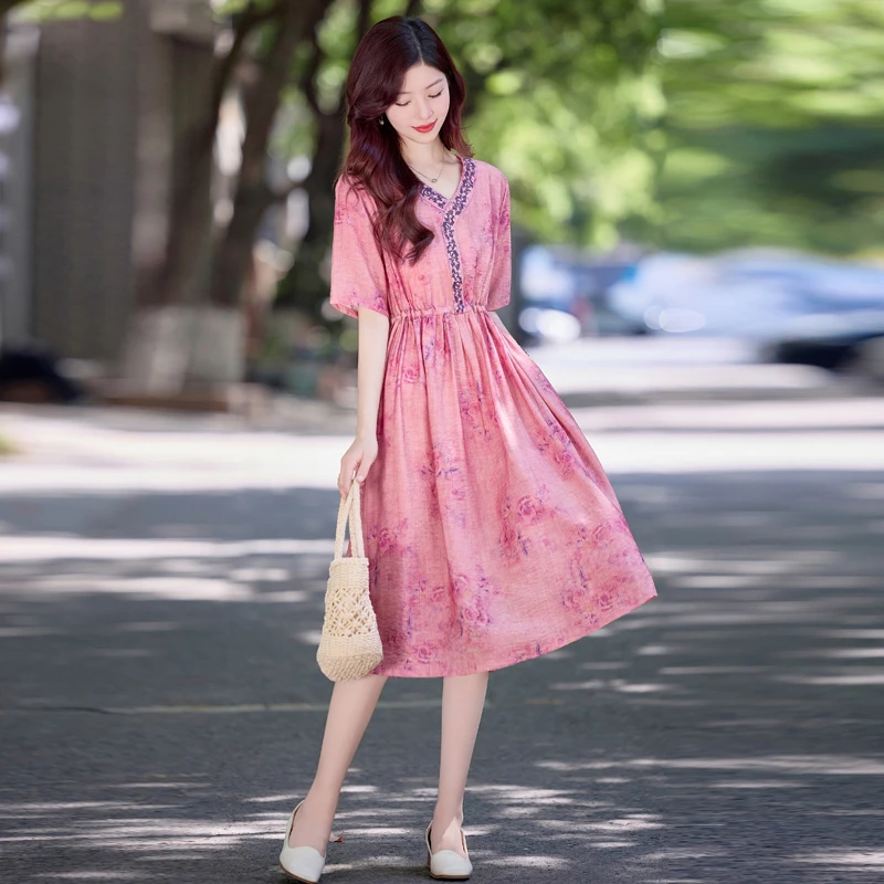 2025夏季新款时尚气质减龄印花收腰连衣裙洋气显瘦大码遮肉裙子女