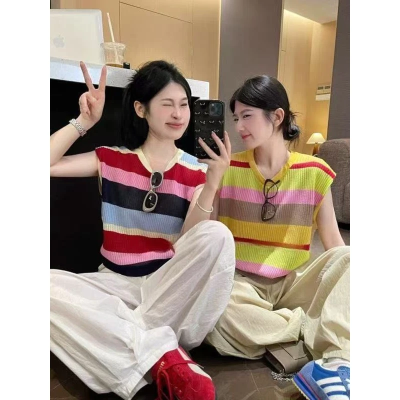【晨浠定制】新款时尚百搭彩色条纹冰丝针织无袖T恤706