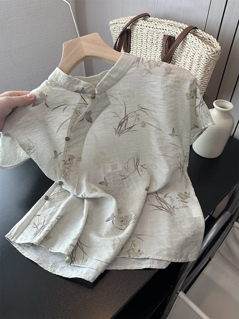 新中式设计感印花短款衬衫女2025年国风超好看复古盘扣上衣ins