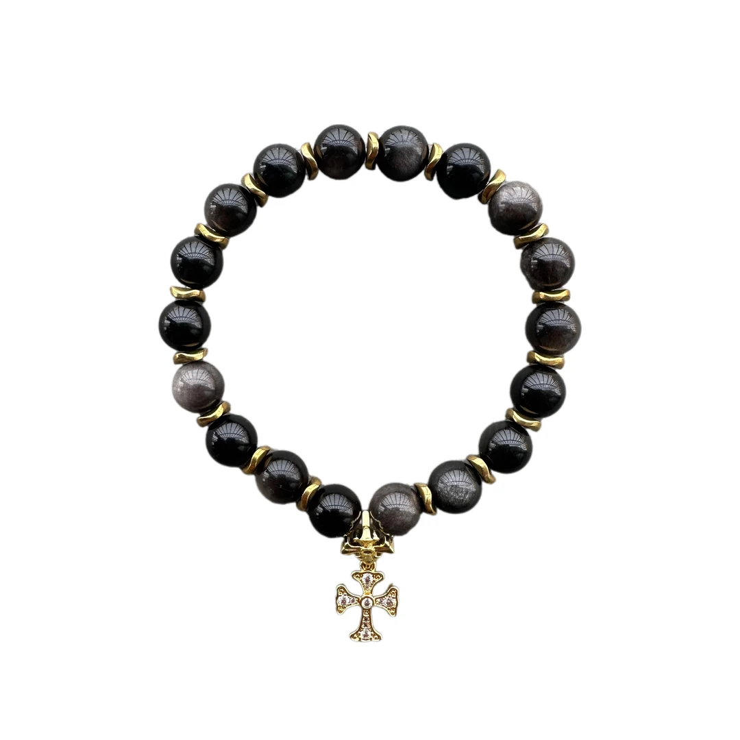 铜合金琉璃手链 银耀黑胆石轻奢间金气质时尚百搭款黑色复古手串