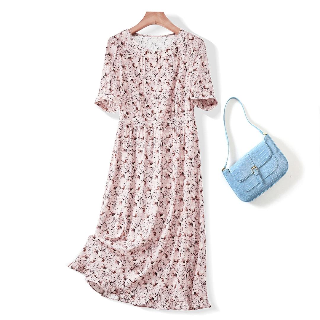 {都不上}92%桑蚕丝夏季V领高端女装碎花收腰甜美真丝宽松连衣裙