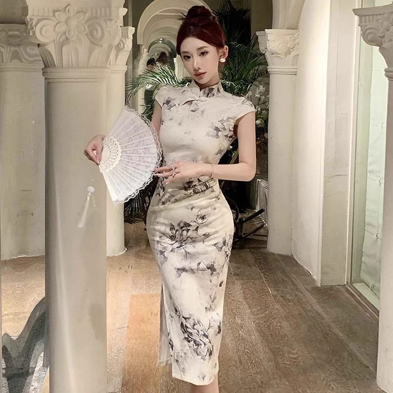 新中式国风复古水墨画改良旗袍连衣裙女夏季高级感修身包臀礼服裙