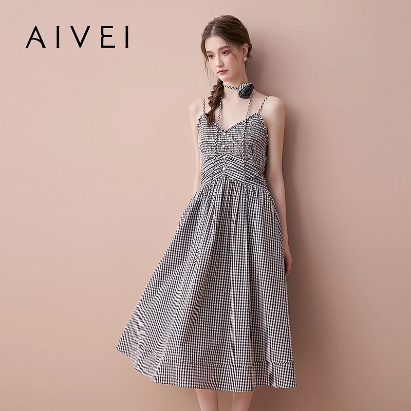 AIVEI欣贺艾薇2025夏季度假约会黑白格裹胸吊带连衣裙XRV3L04A
