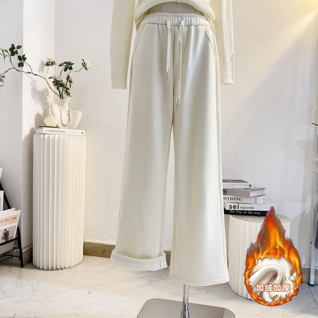 杏色加绒加厚卫裤运动休闲裤女2025秋冬高腰直筒宽松窄版阔腿裤子