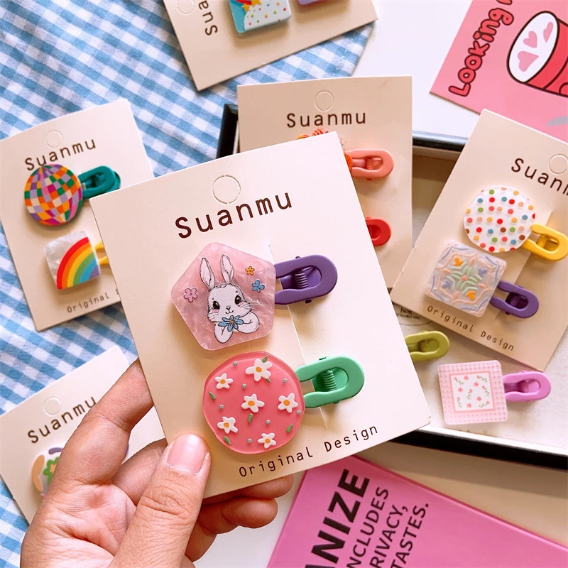 奶油风儿童彩色几何图案大号韩版亲子发夹可爱喷漆造型对夹