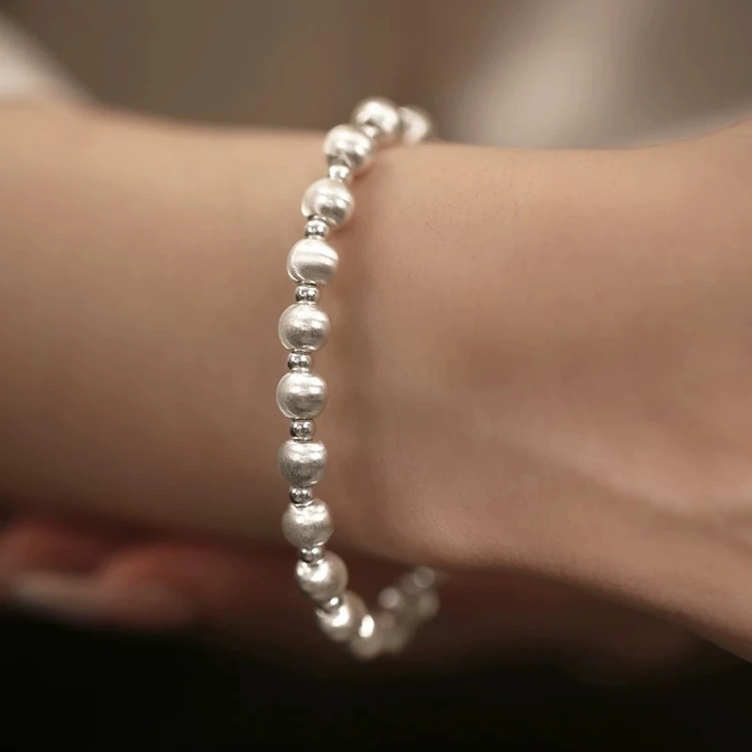 足银羽毛手链 【磨砂猫眼】手工光珠银豆豆 手链足银