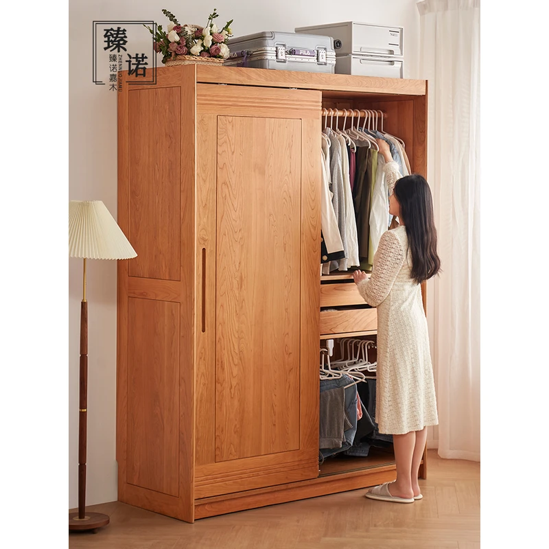 臻诺衣柜全实木樱桃木北欧推拉门原木家用带抽屉小户型收纳大衣橱