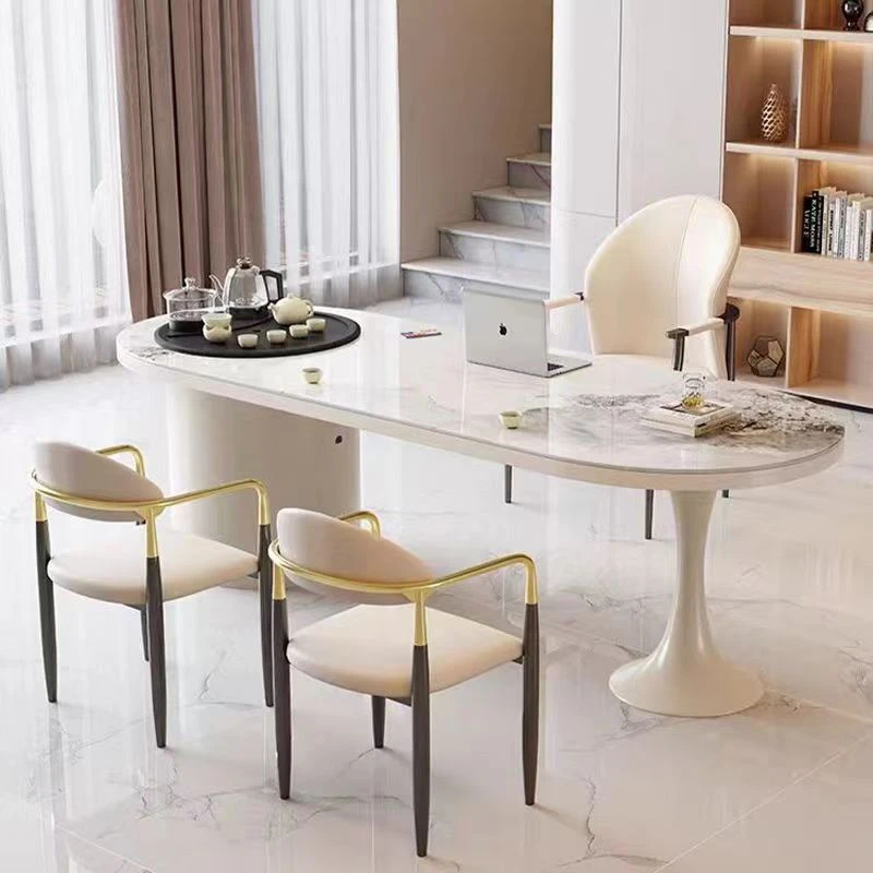 现代简约岩板茶桌书桌一体两用奶油风办公室洽谈桌轻奢功夫泡茶台