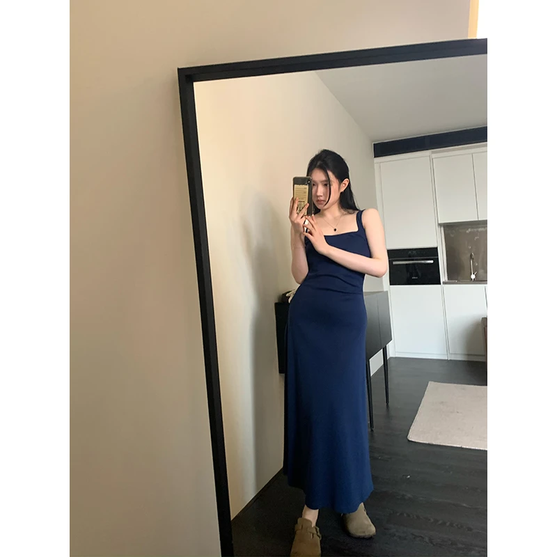 王少女的店【清清】深蓝色修身气质显瘦连衣裙显白长裙 L17324S41