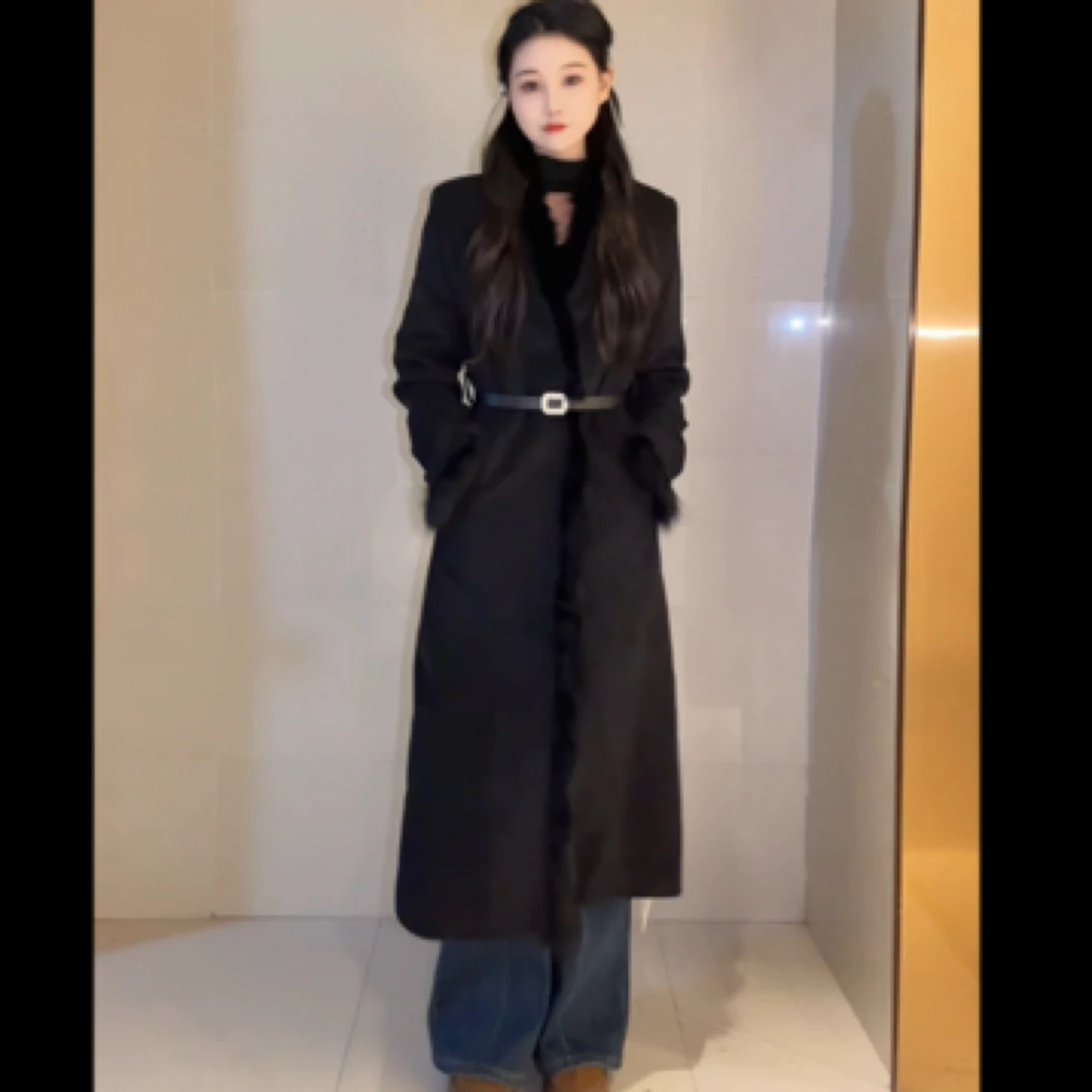 新款羽绒大衣女冬季气质中长款羽绒腰带显瘦毛边长外套