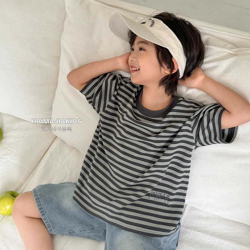 海妈家男童条纹短袖T恤2025夏季新款儿童洋气圆领上衣潮流|25ba13