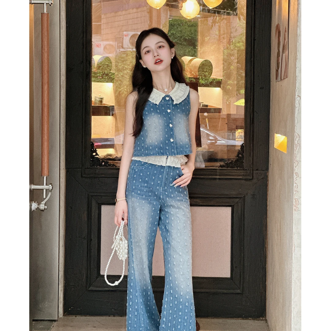 【卡伦画展】小个子定制复古气质时髦上衣蕾丝拼接微喇裤套装女