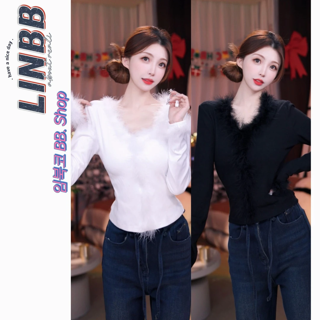 林北鼻-【女帝】韩单真毛加绒弹力新年绝美内搭上衣
