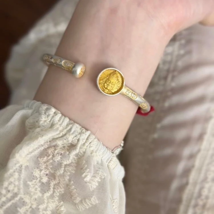 足银手镯 足银73号【描金黄财神】足银999手镯实心开口36g描金吉