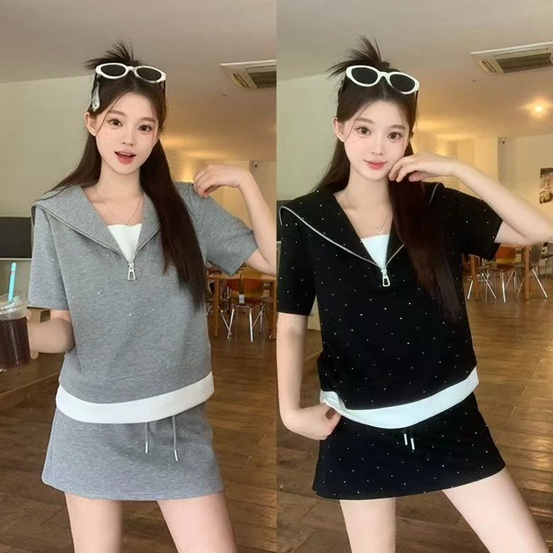 韩版休闲撞色烫钻短款套装女2025夏季新款大码胖mm时尚百搭遮肉