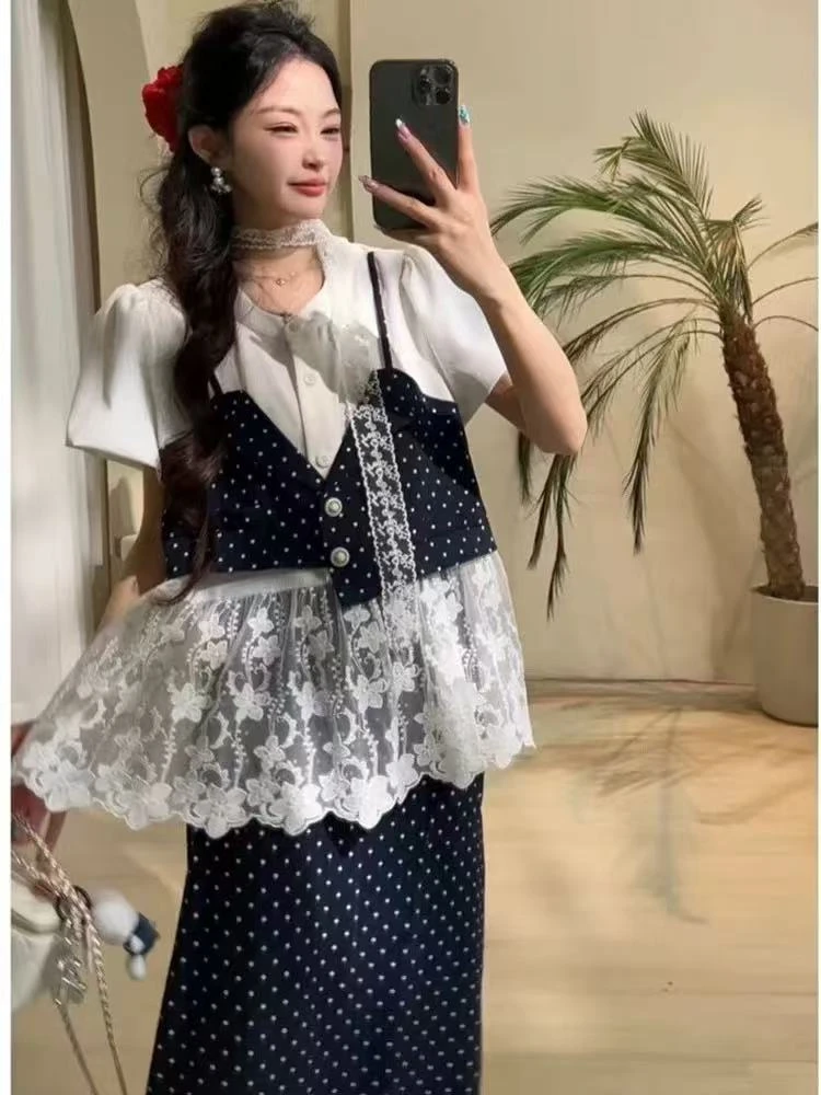 时尚套装御姐风法式假两件上衣时尚套装吊带蕾丝甜美风半身裙9895