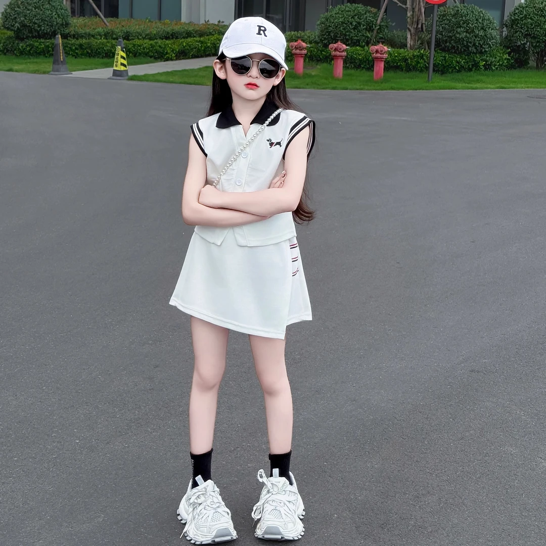 女童夏季薄款新款韩版时尚休闲运动衣服无袖POLO衫上衣裙裤套装潮
