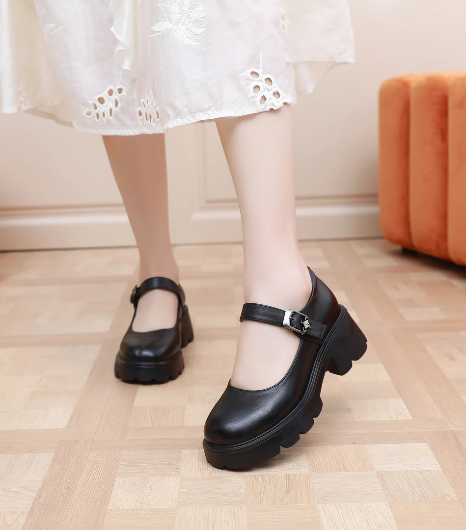 2025年新款真皮百搭中跟玛丽珍鞋法式粗跟厚底女鞋浅口单鞋小皮鞋