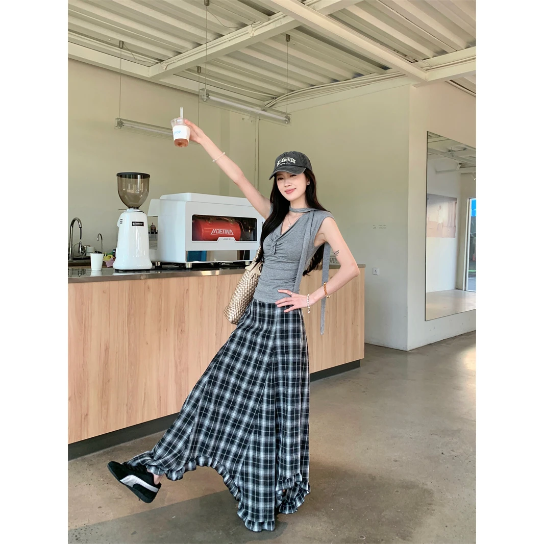 法式不规则飘带灰色扭结短袖T恤女装夏季高腰格纹半身裙两件套