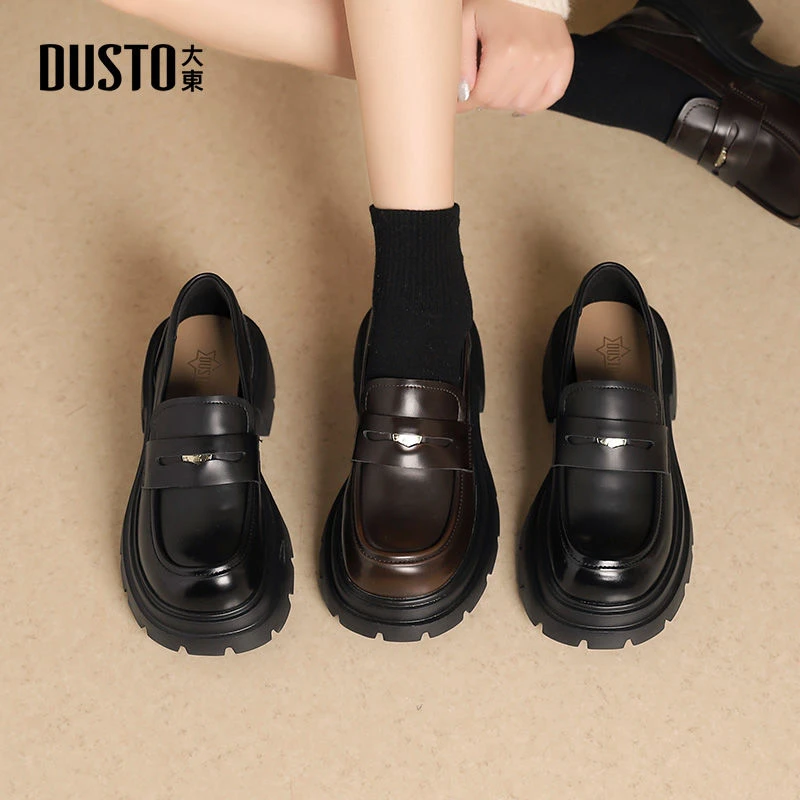 大东春季新款黑色厚底乐福鞋英伦风增高女鞋日常小皮鞋0112