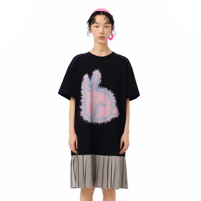 MOVEUP幻走2025夏季新款.FUN 炸毛兔印花拼接针织连衣裙325211346