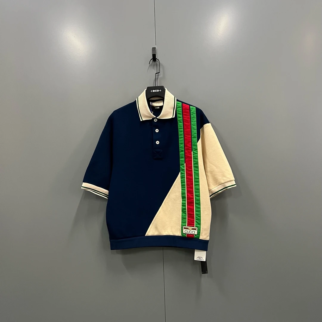 未使用 GUCCI/古驰 h929  拼色条纹图案短袖polo衫 M码 018283