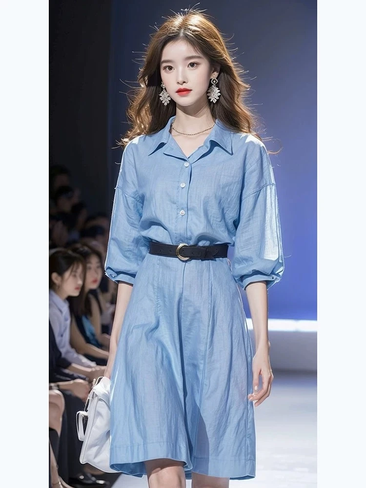 2025春夏季新款轻熟风名媛设计感小众气质小香风蓝色衬衫连衣裙女