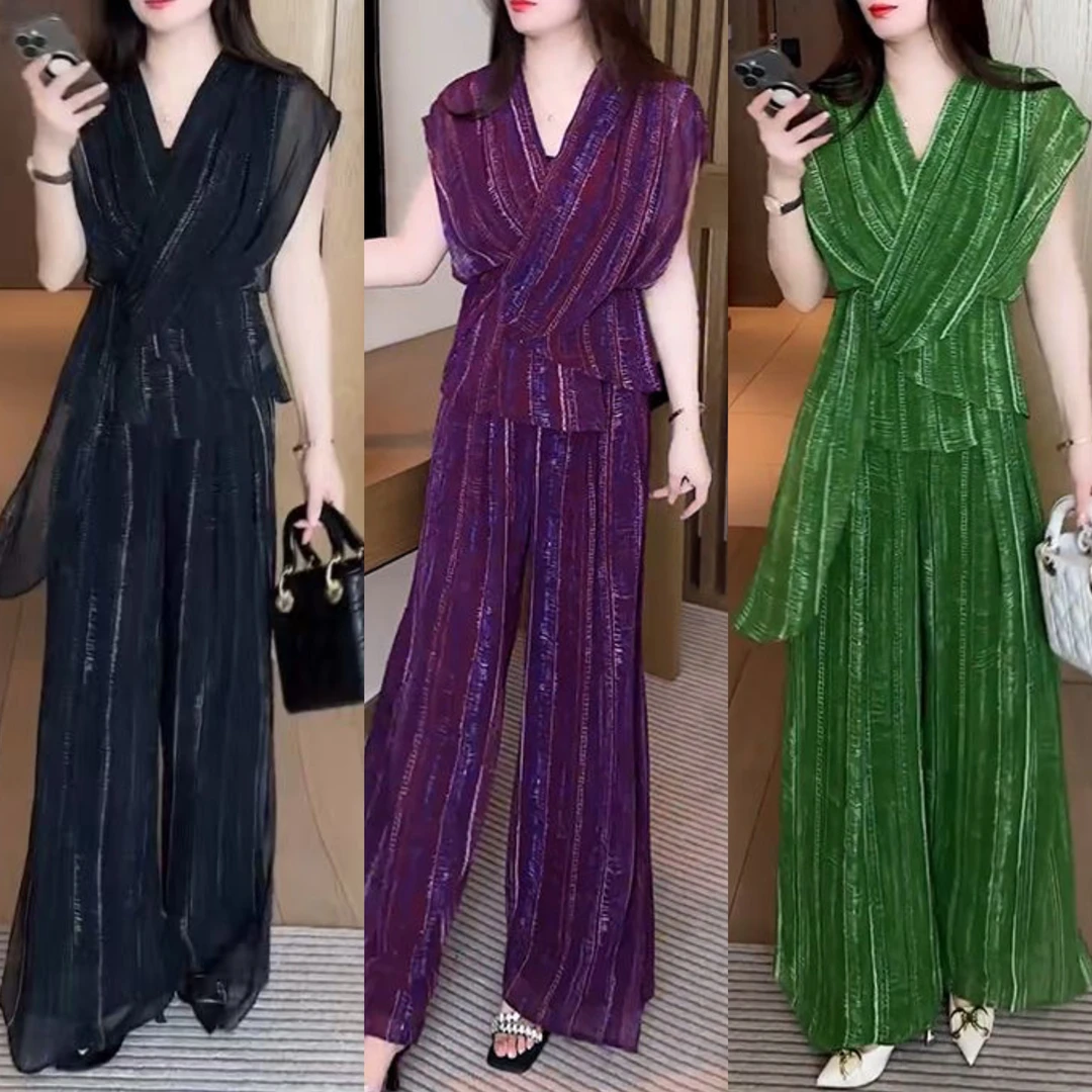 时尚套装奶茶2025夏季夏款时髦洋气显瘦V领短袖阔腿裤两件套6818