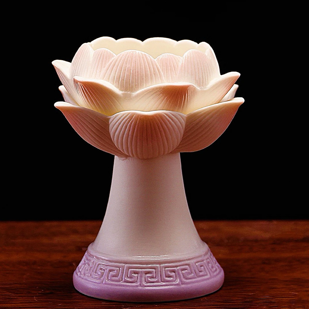 陶瓷中式莲花灯烛台蜡烛台台座家用供佛佛具供奉酥油灯底座莲花