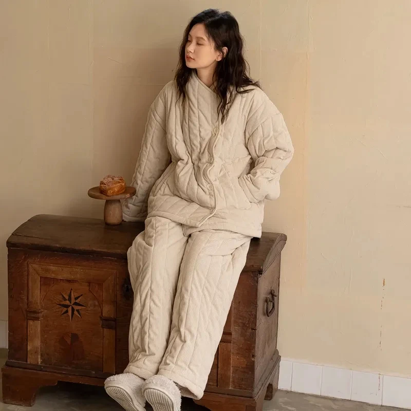 族玛士睡衣女秋冬季三层夹棉袄加绒加厚纯色可外穿保暖家居服冬天