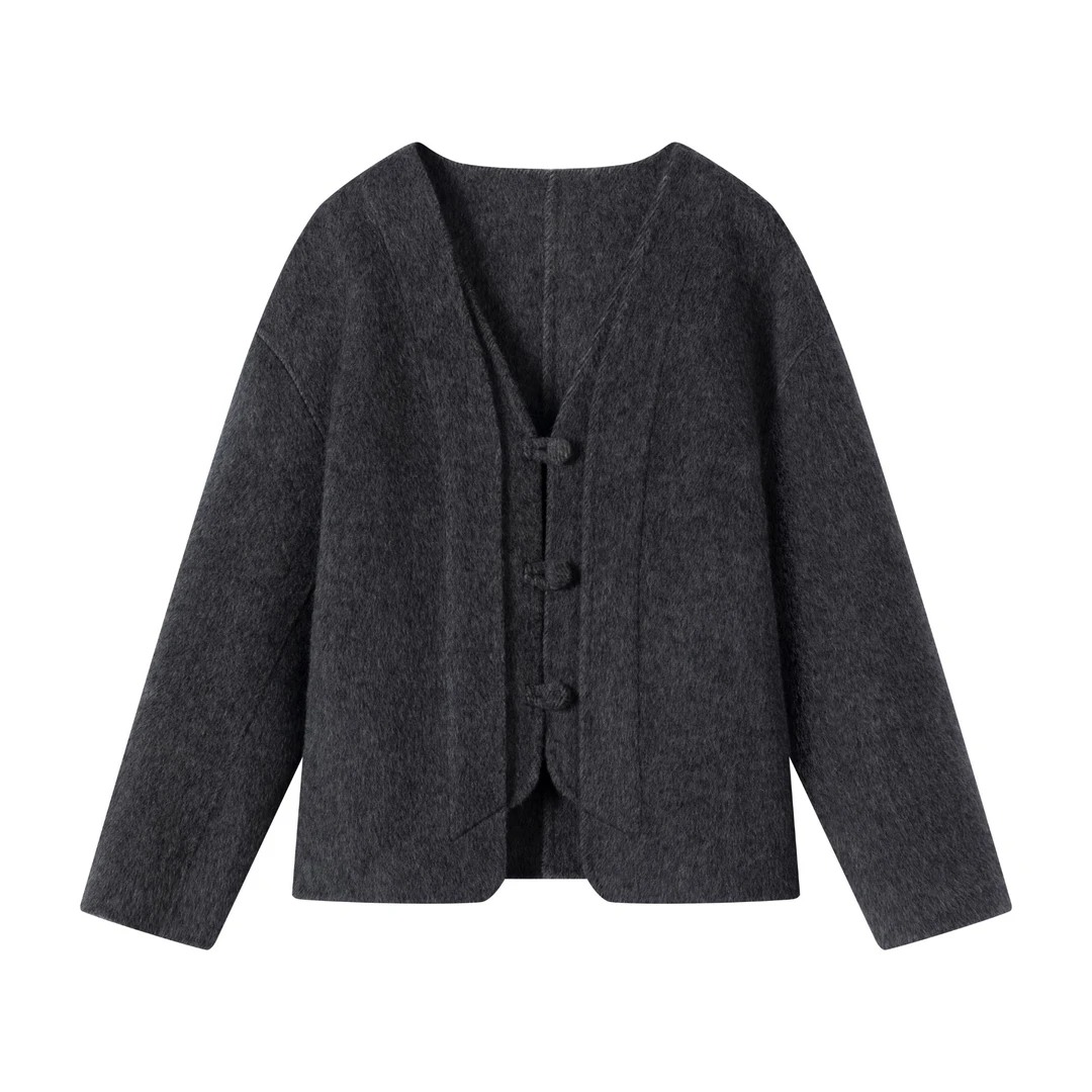 直筒型落肩袖短款休闲风羊毛大衣纯色百搭黑色纯欲风