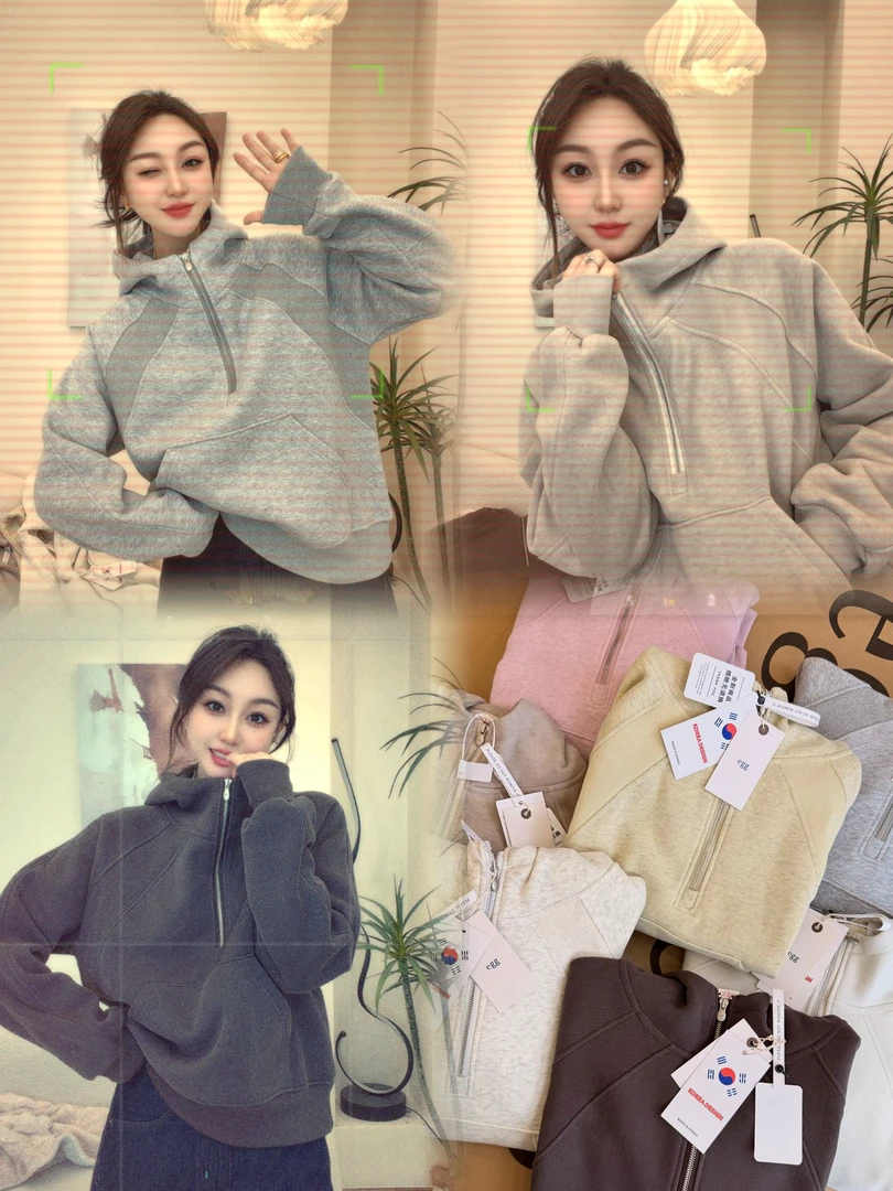 【韩国egg 】加绒保暖韩系半拉链高级感显瘦帽衫