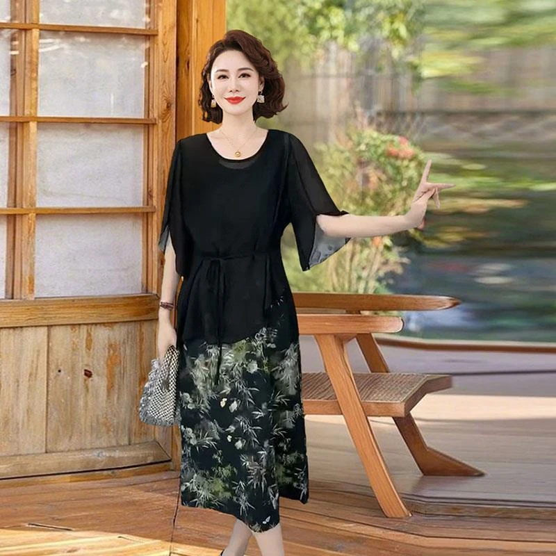 恒源祥彩羊妈妈装黑色雪纺衫连衣裙新款夏季圆领碎花衫短袖裙子时