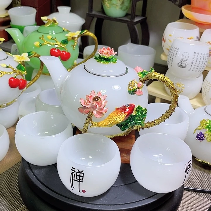 琉璃中式珐琅彩年年有余一壶六杯礼盒套装