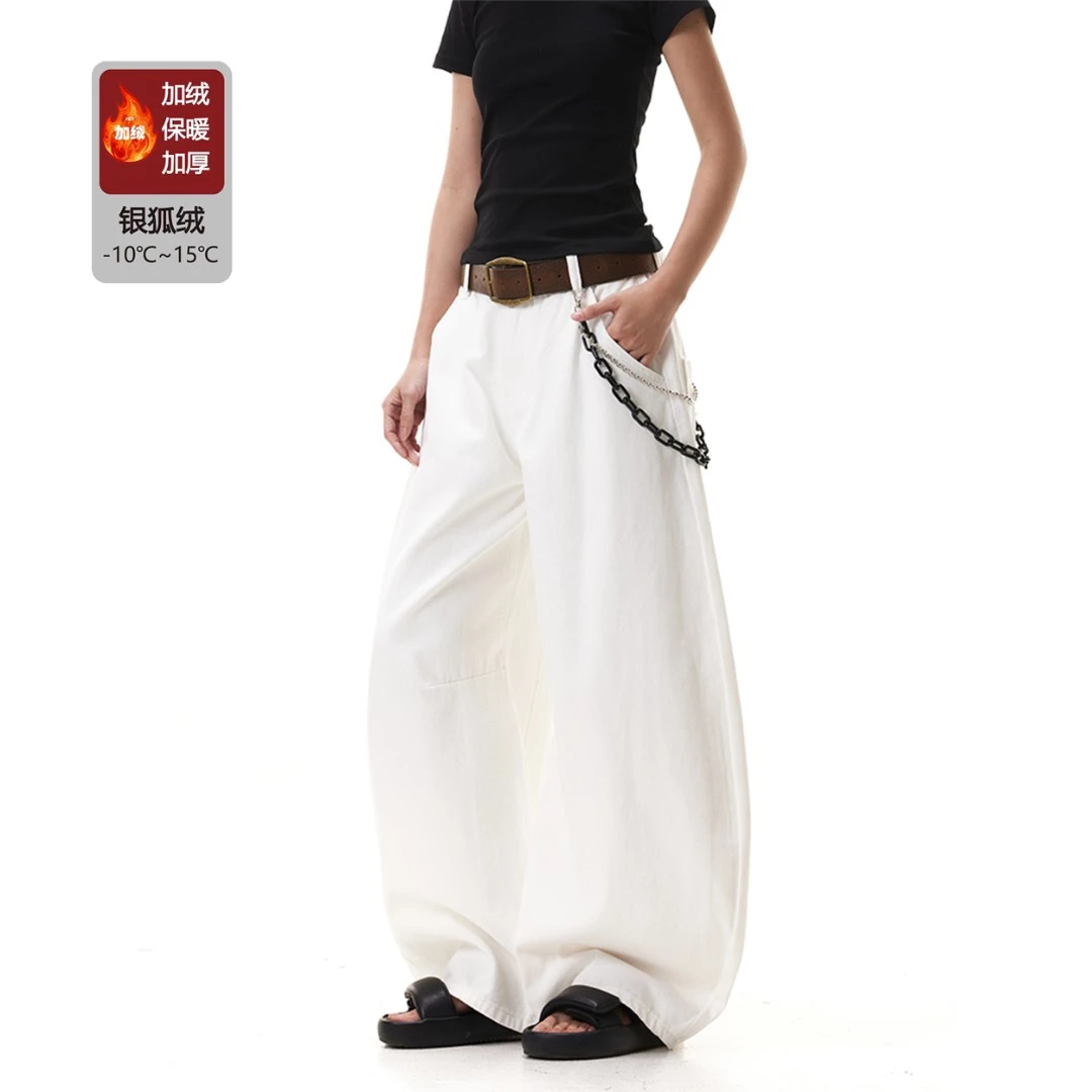 美式复古白色松弛感弯刀设计牛仔裤加绒宽松阔腿cleanfit弯刀裤