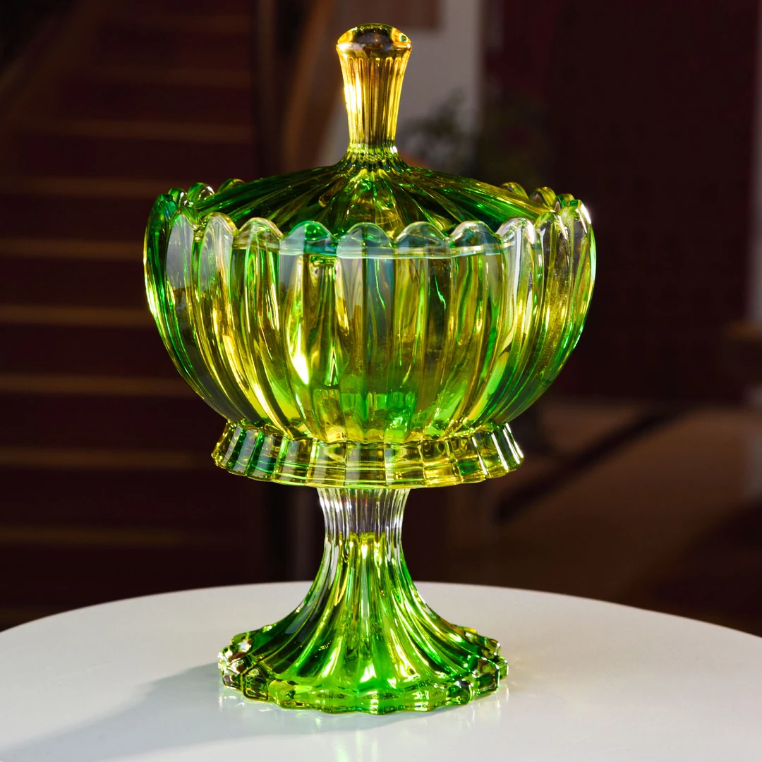 【金像】新年祖母绿套系带脚条纹水晶玻璃果盒时尚家用创意D165