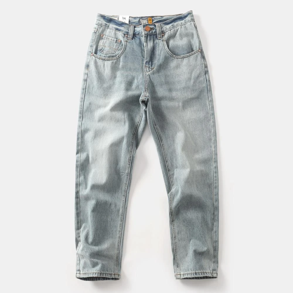美式复古水洗浅蓝牛仔裤直筒宽松赤耳丹宁休闲长裤子阔腿裤做旧潮